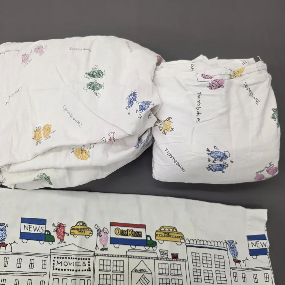 oshkosh vintage Thumbprint Sheets 3 Pc Set Twin Size Rare